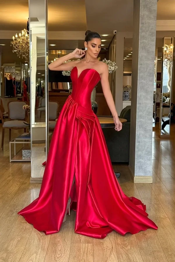 Miabel Glamorous Red Satin Sweetheart Split Sleeveless Prom Dress with Pleated   