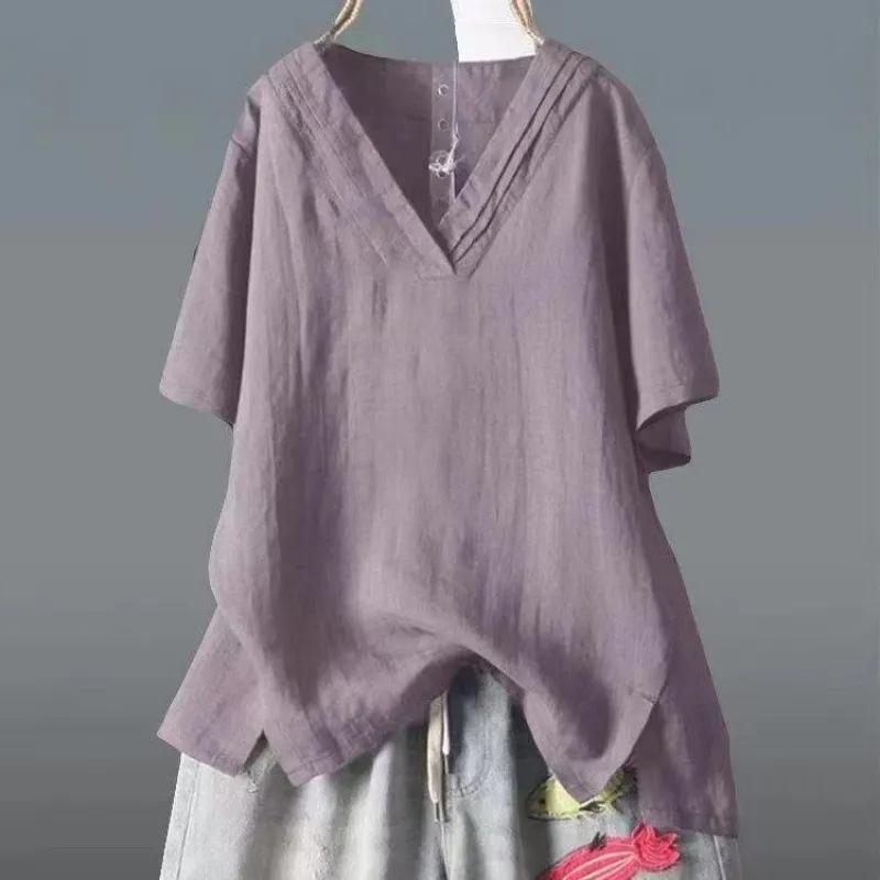 Brownm Brownm Summer New Solid Color Buffet Short-Sleeved V-Neck T-Shirt Women Irregular Large Cotton Loose Leisure Top