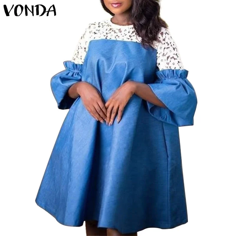Summer Dress Casual Crew Neck Lace Mini Dresses VONDA 2022 Women Flare Sleeve Pleated 3/4 Sleeve Vestidos Short Robe Oversized