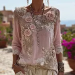 Boho Pink Roses Lace Round Neck Comfy Linen Tunic - Image 2