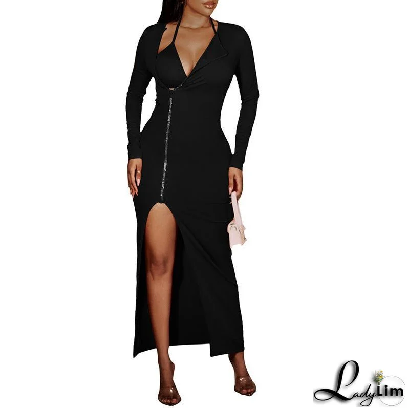 Women's Solid Color Sexy Evening Dress Light Luxury Design Split Dress