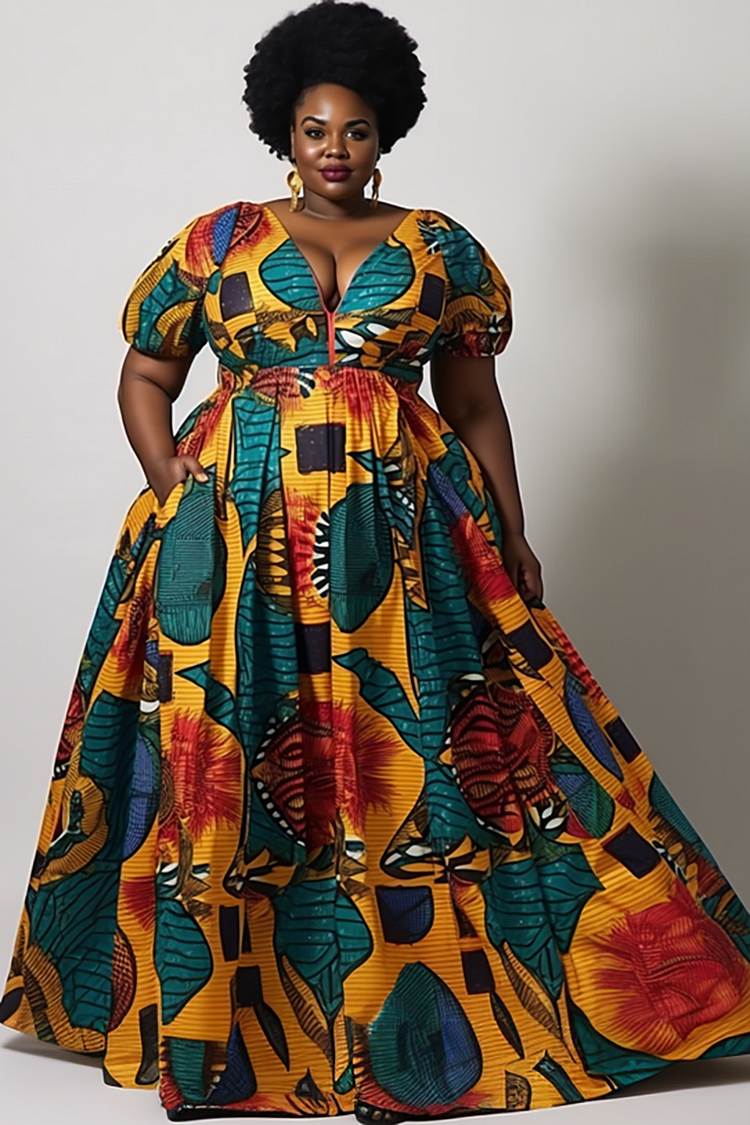 Xpluswear Design Plus Size Multicolor Ankara V Neck Puff Sleeve Knitted Maxi Dresses 