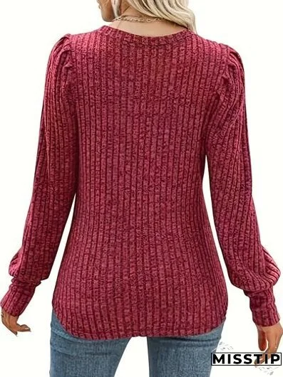 Ribbed Round Neck Lantern Sleeve Blouse