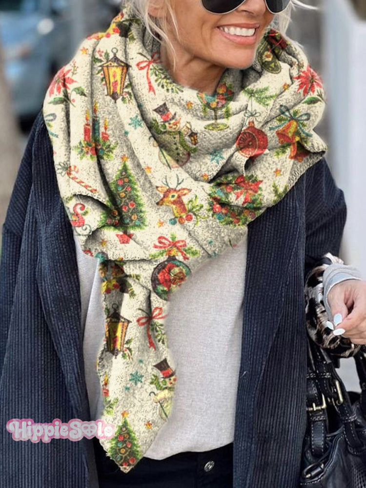 Women’s Vintage Christmas Print Casual Knitted Blanket Poncho Hood Cape Multicolor / Onesize