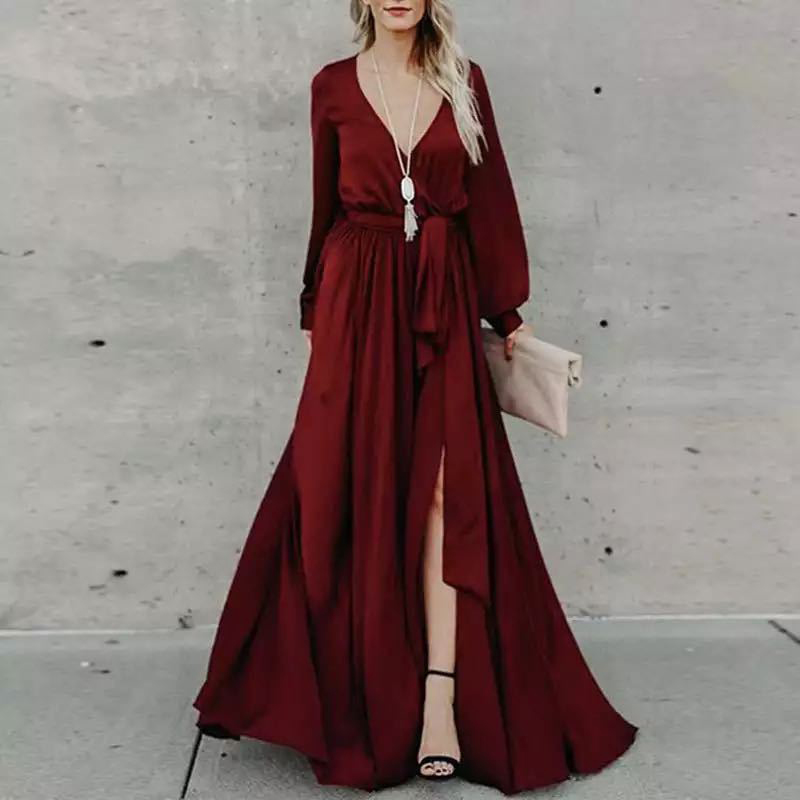 Women's Fashion V-Neck Casual High Waist Sexy Slit Solid Color Elegant Maxi Dress