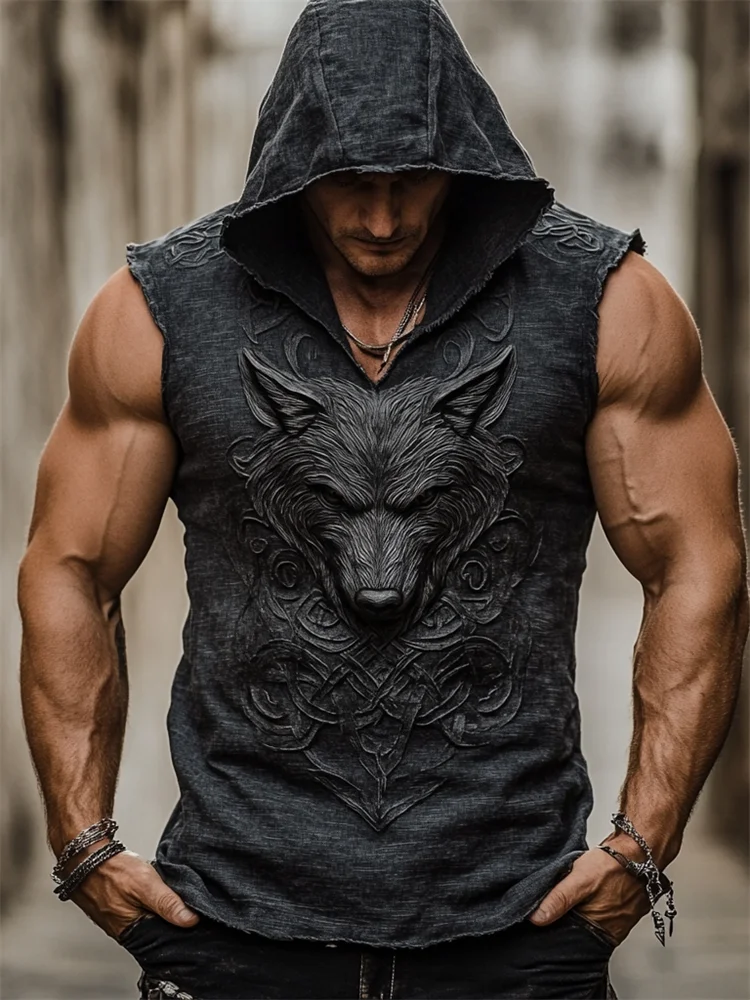 Men's Print Celtic Wolf Rune Tribal Jacquard Inspired Art Tank Top Hoodie / Rvogue / Rvogue