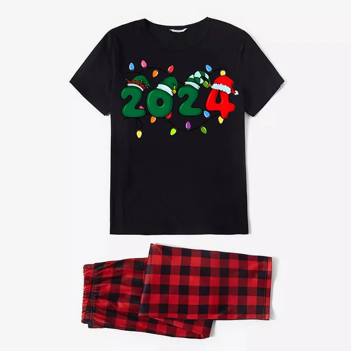Christmas "2024" Letter Print Black Short Sleeve with Red & Black Plaid Pant Family Matching Pajamas