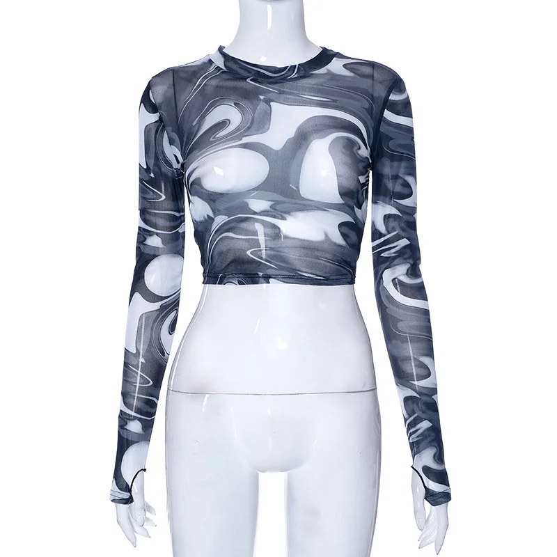 Uveng Spring New Round Collar Cover Print Open-Umbil Umbilical Cover Finger Long-Sleeved Casual Women's Top Sales