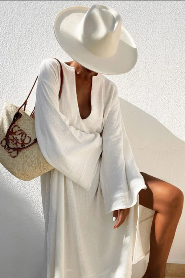 Vacation Flared Sleeves Solid Color Deep V-Neck Midi Dresses