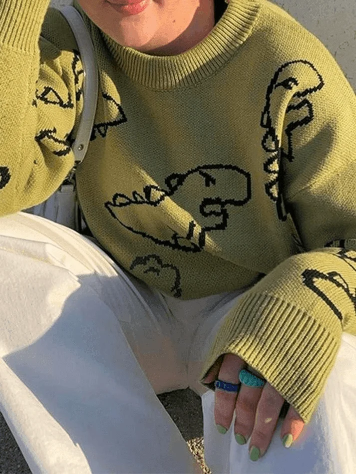 Brownm Dinosaur Crew Knit Sweater
