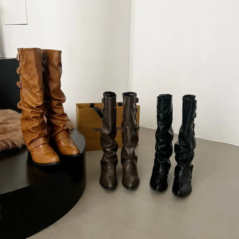 Churchf Churchf Pile Pile Long Boots Women's Western Boots Thick Heel But Knee Belt Buckle Pants Boots