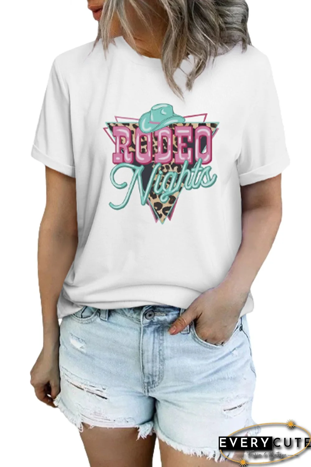 White Rodeo Nights Leopard Print Short Sleeve Graphic Tee