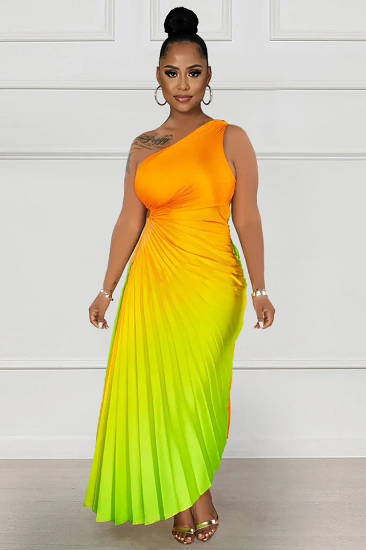 Fading Color One Shoulder Sleeveless Asymmetric Pleated Hem Vacation Maxi Dresses