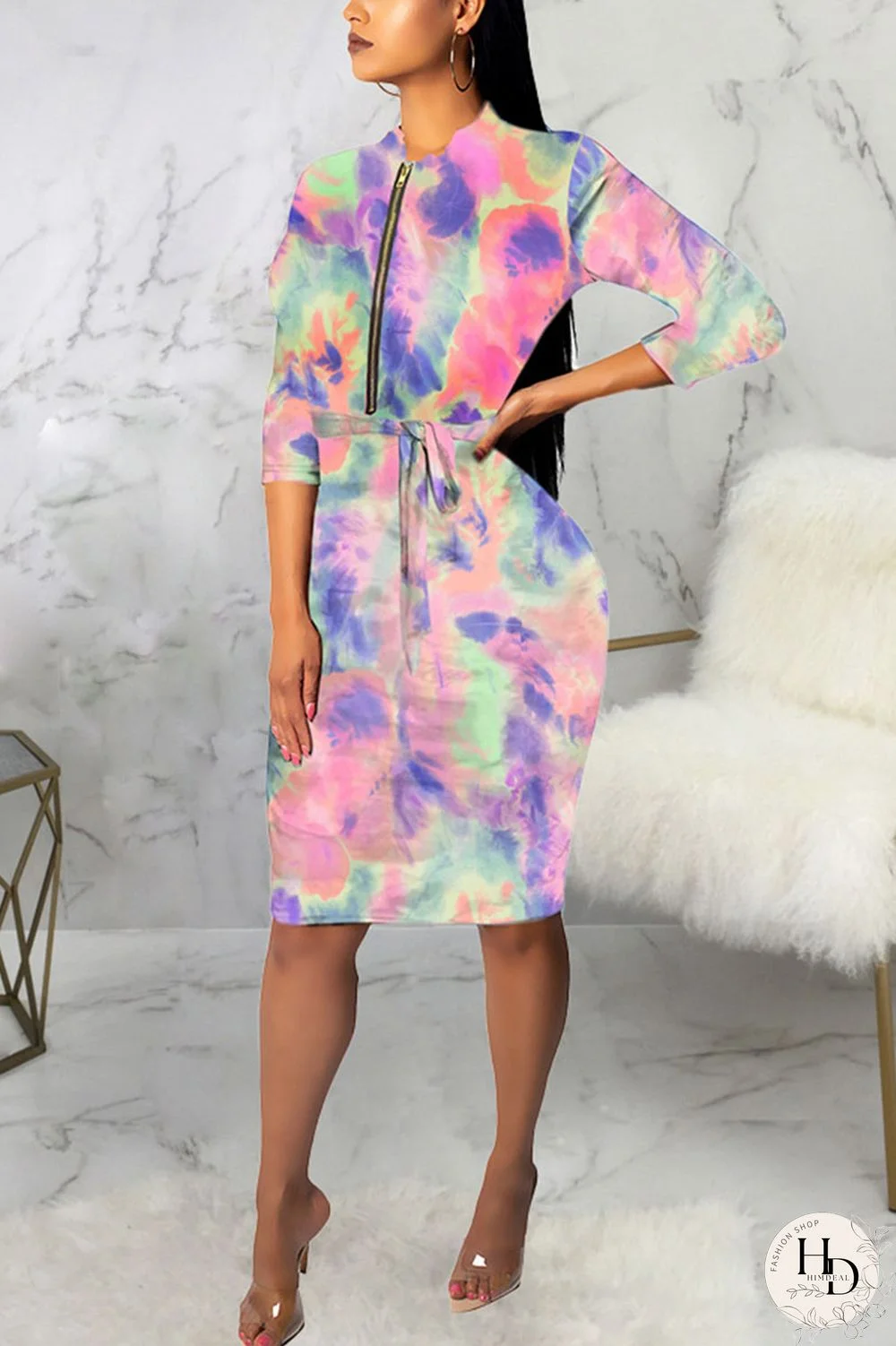 Powder blue Sexy Polyester Tie Dye Split Joint O Neck Long Sleeve Knee Length Long Sleeve Dress Dresses