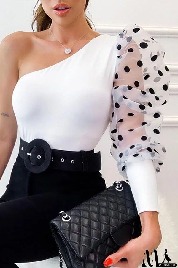 Oblique Collar Polka Dot Puff Sleeve T-Shirt