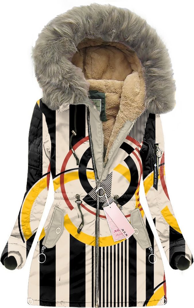 striped print fur collar tie coat
