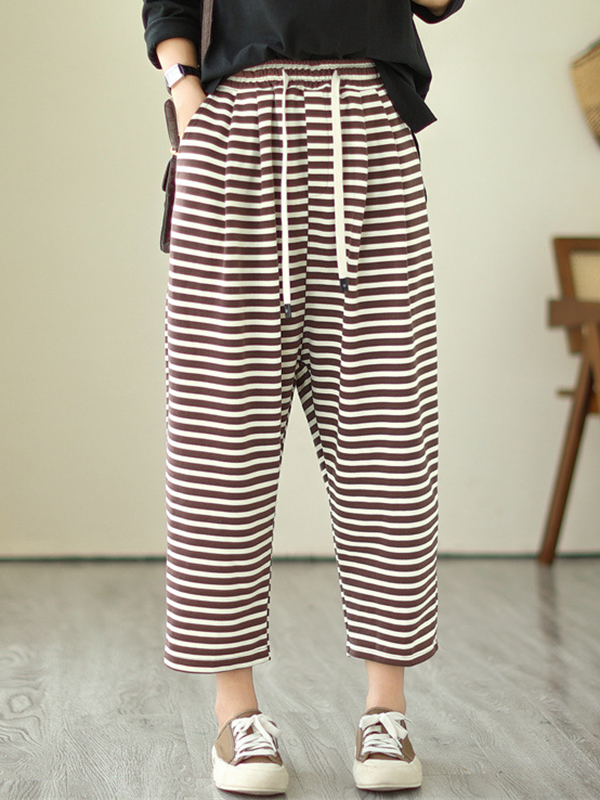 Casual Striped Pockets Wide Leg Pants