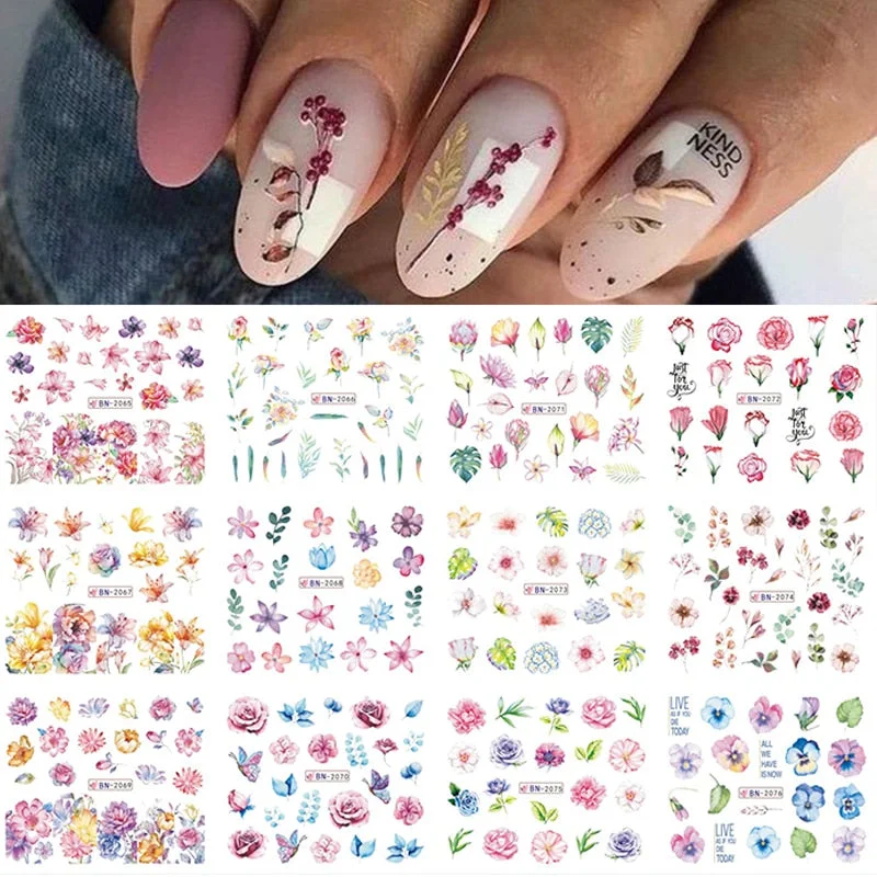 12 Designs Nail Stickers Set Mixed Floral Geometric Nail Art Water Transfer Decals Sliders Flower Leaves Manicures Decoration-Nail Inspo