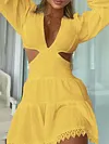 Solid Color Deep V-Neck Belly-Hollow Lace-Up Casual Mini Dress