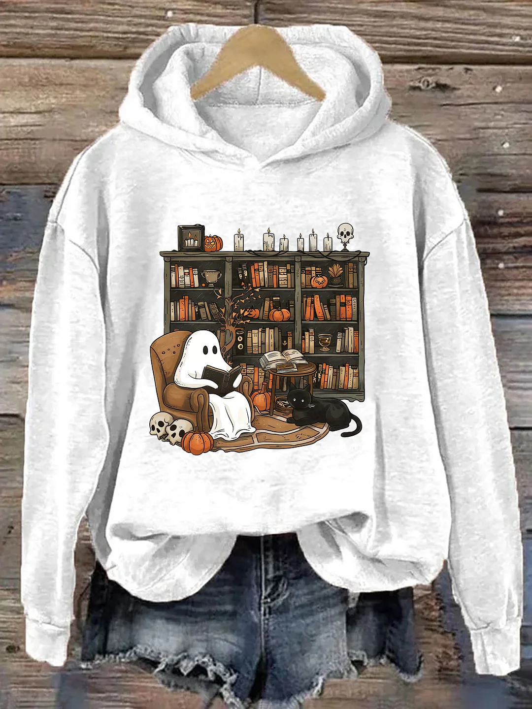  Retro Ghost Reading Books Hoodie