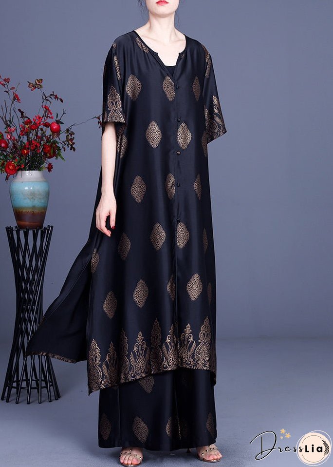 Vintage Black Side Open V Neck Silk Long Top And Pants Two Piece Set Outfits Summer