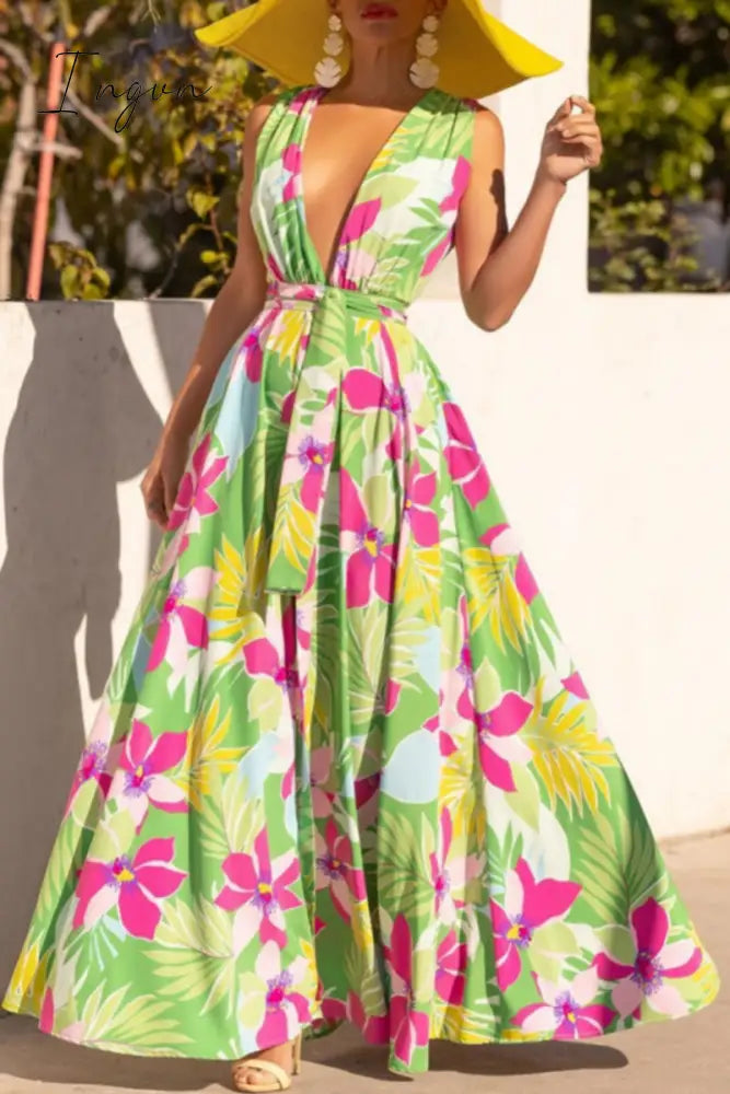 Ingvn - Casual Print Patchwork Slit V Neck Long Dress Dresses Green / S Dresses/Maxi