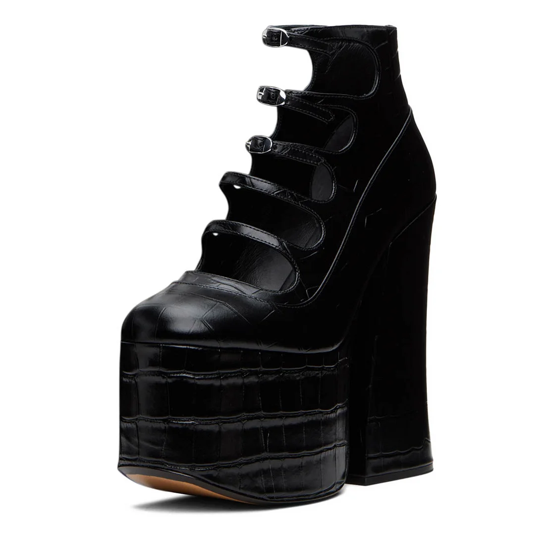 Black Croco Embossed Chunky Heel Buckle Strap Platform Pumps