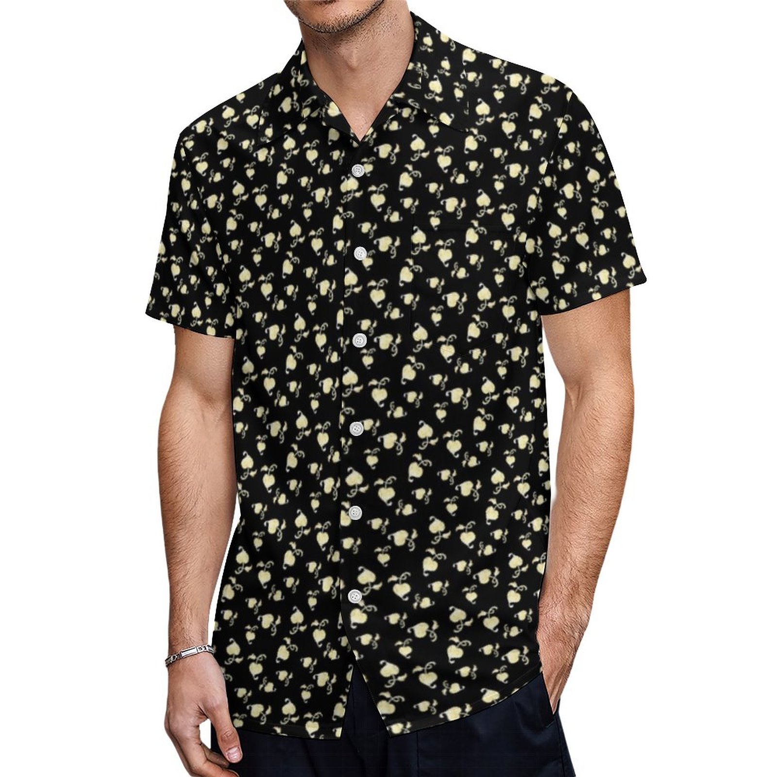 Champagne Heart Shaped Leaf Pattern Over Black Hawaiian Shirt Mens Button Down Tropical Hawaii Beach Shirts