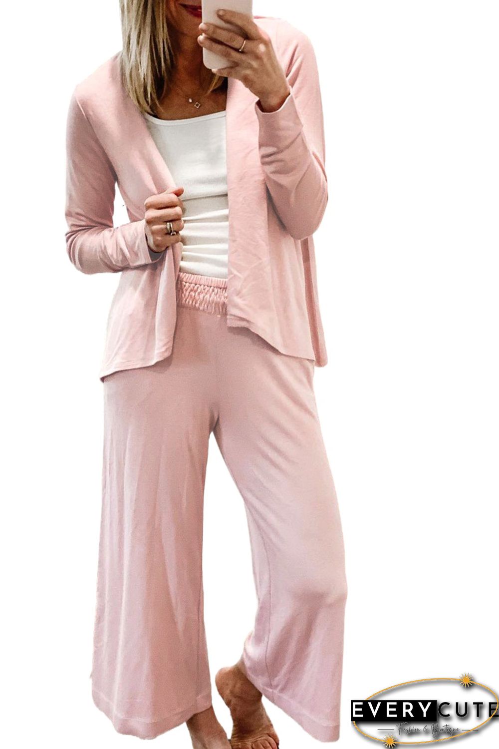 Pink Solid Knit Cardigan and Wide Leg Lounge Pants Set