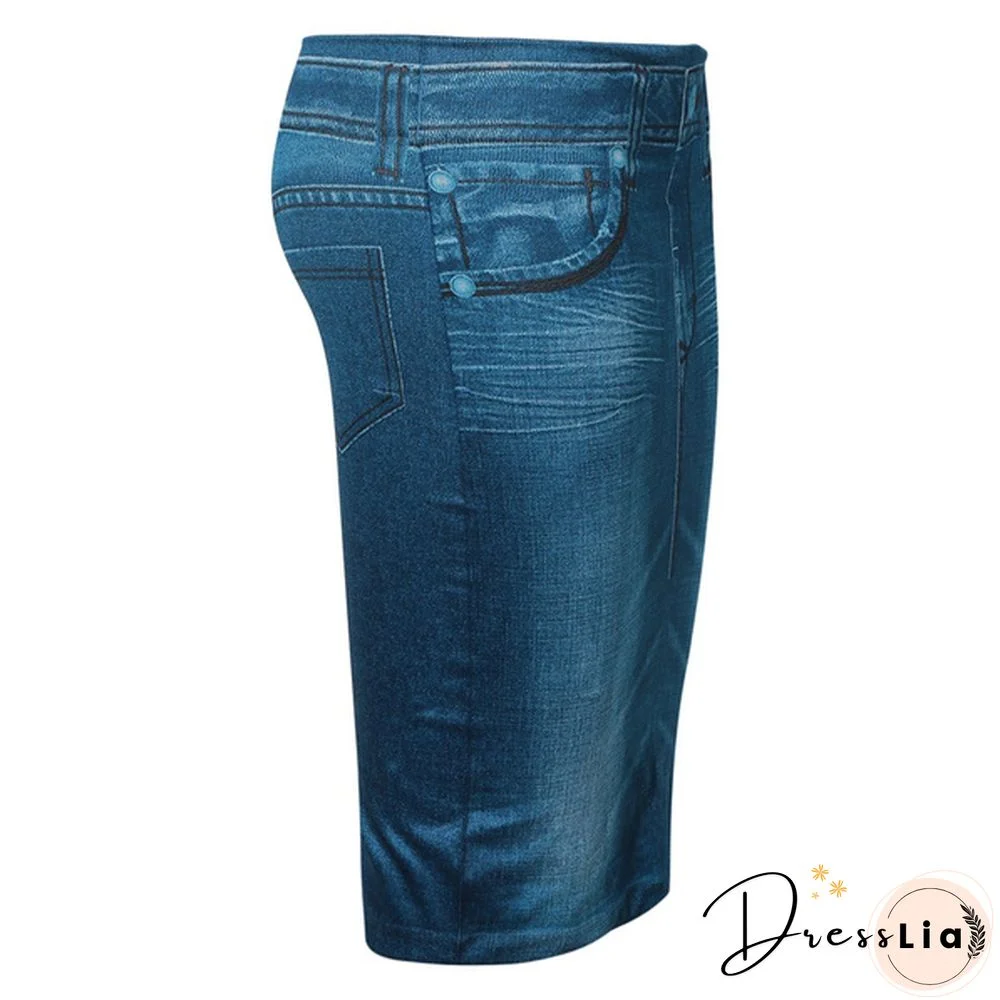 Women Fashion Print Seamless Skirt Faux Denim Jean Skirts Short Slim High Waist Elastic Mini Dress Plus Size