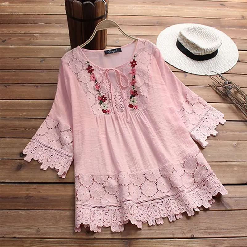 ZANZEA 2022 Summer Lace Crochet Blouse Women Patchwork Lace Up Shirts Chemise Hollow Blusas Tunic Tops Casual Tee