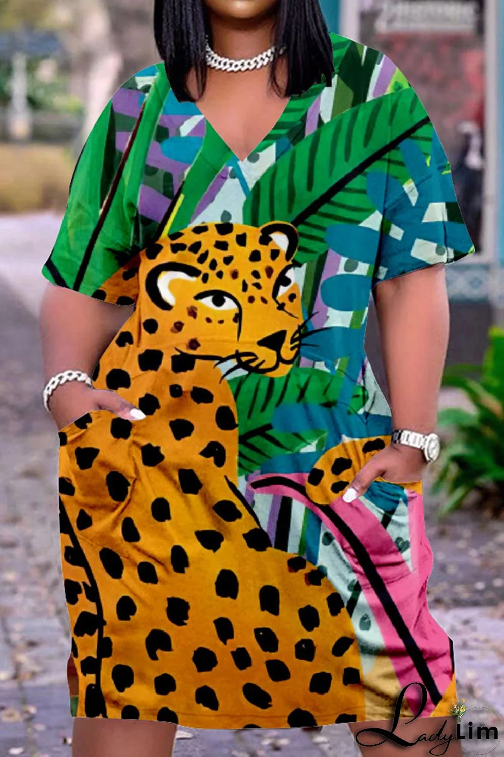 Colour Fashion Casual Print Basic V Neck Short Sleeve Dress