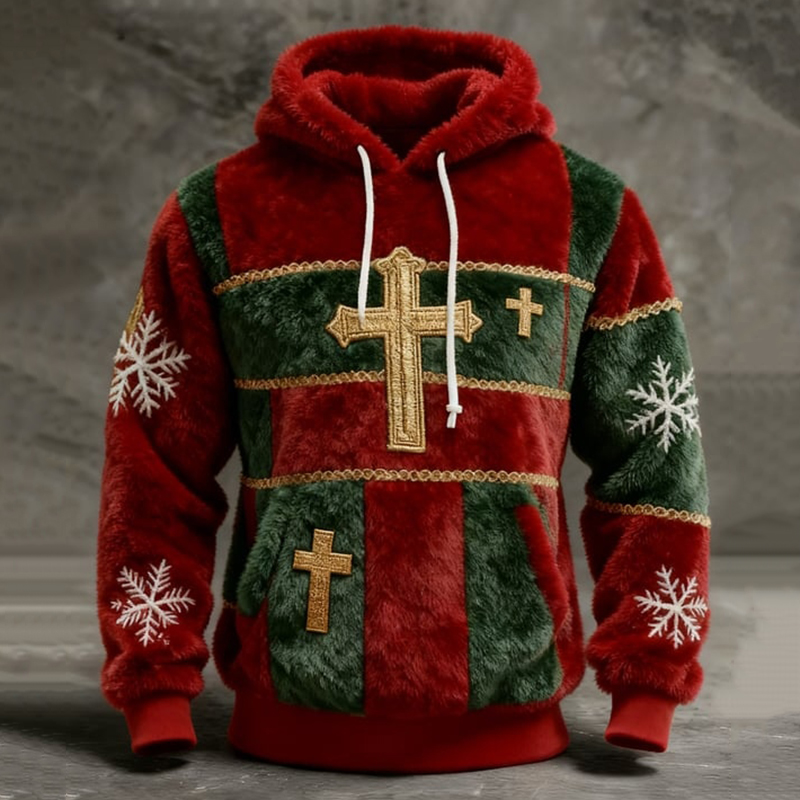 Men's Christmas Cross Patchwork Art Print Plush Warm Hoodie elevenforest