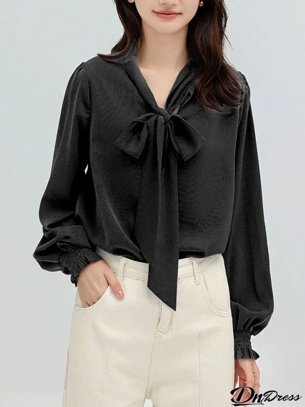 Urban 4 Colors Split-Side Tied Puff Sleeves Blouse