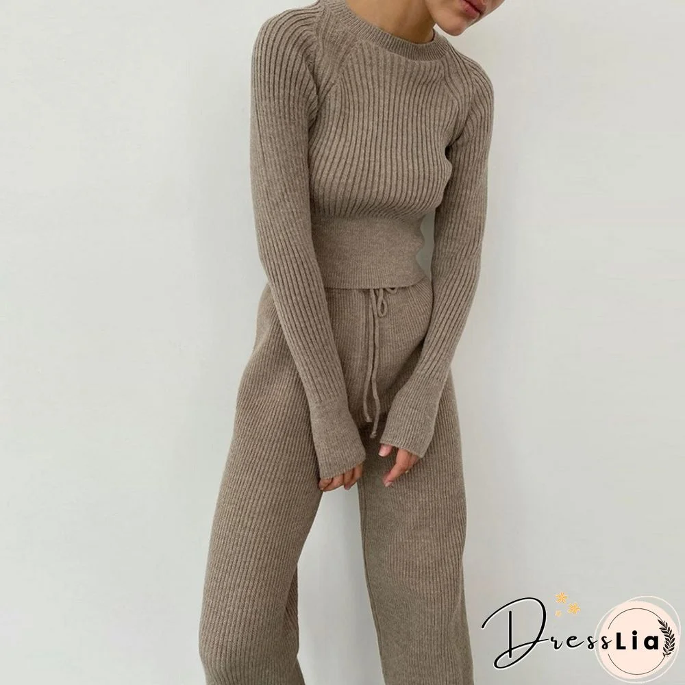 Knit Pullover Sweater Suit 2 Pieces Set Solid Women Tracksuit O Neck Sweater Long Pant New Fashion Chic Casual Knitted Outwear
