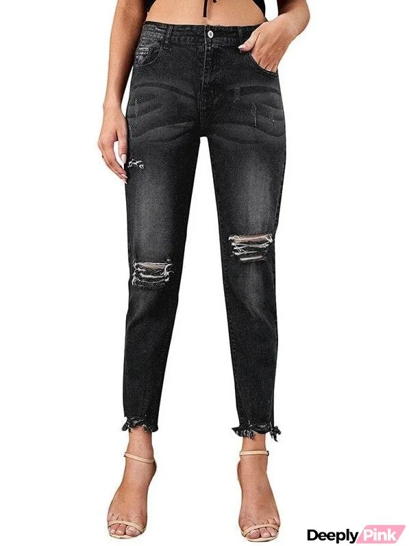 Women'S High Waist Ripped Denim Nine-Point Jeans With Raw Edge