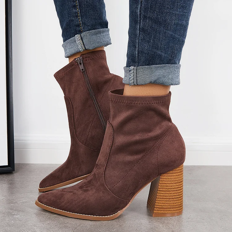 Pointed Toe Ankle Boots Side Zipper High Stacked Heel Booties