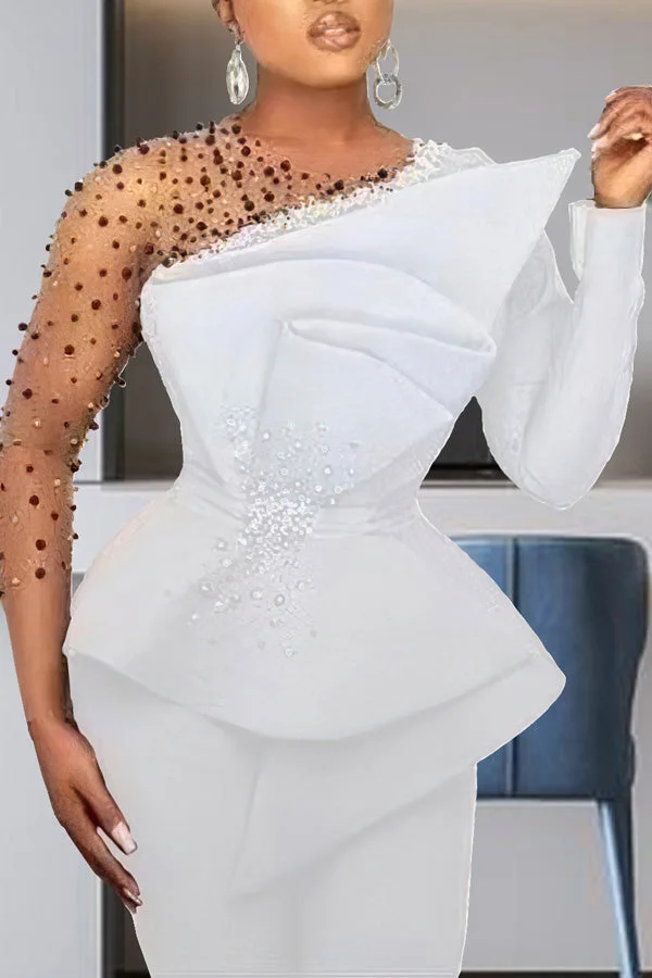 Elegant Mesh Long Sleeve Stitching Beaded A-Line Top Slim Pant Suits