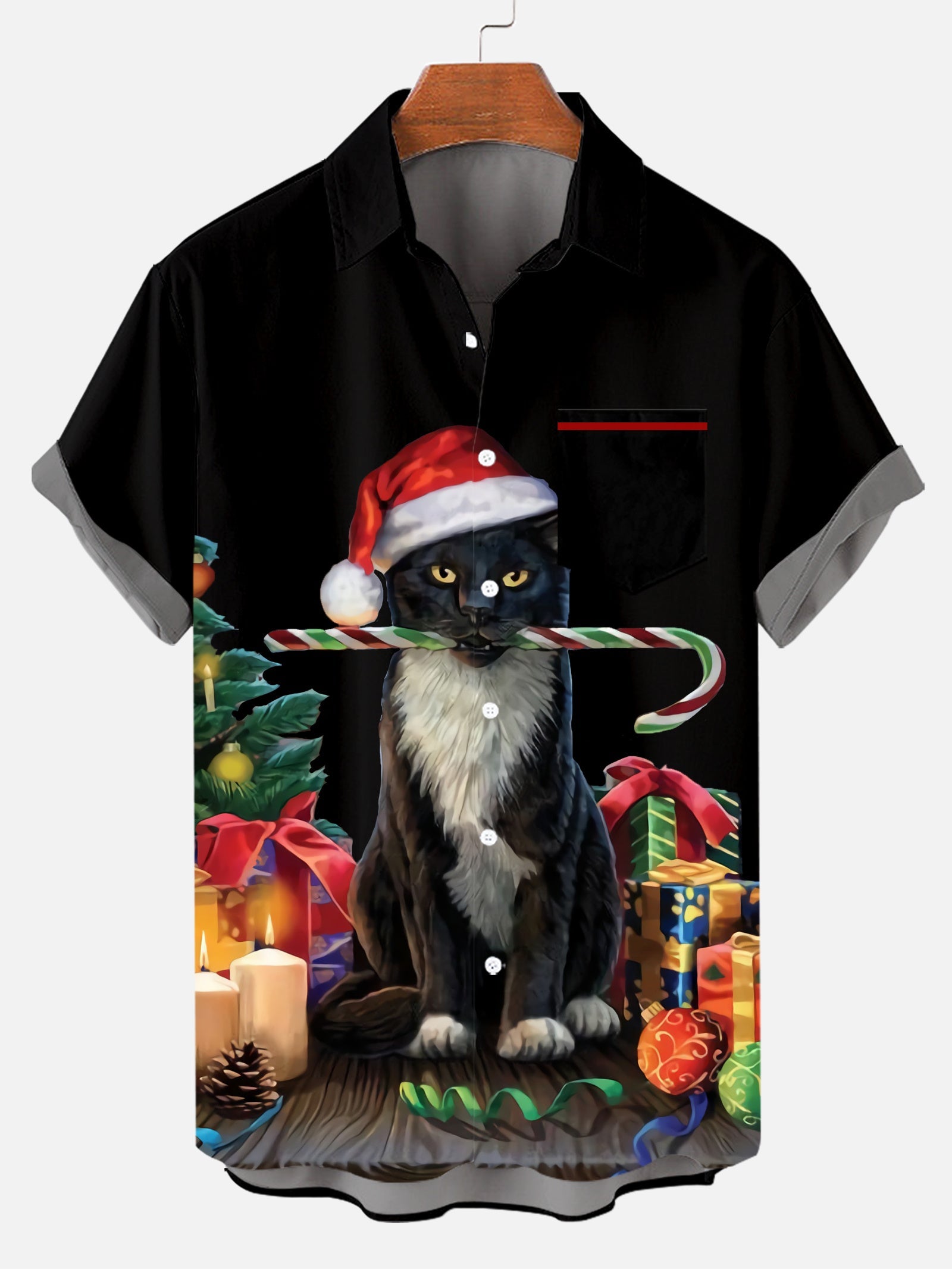 Men's Plus Size Contrast Cat In Christmas Pattern Shirt PLUSCLOTHESMAN