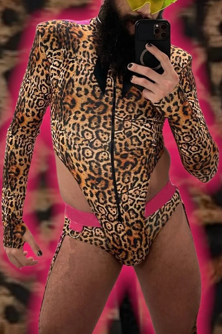 Leopard Print Cut Out Stretchy Bodycon Thong Bodysuit [Pre-Order]