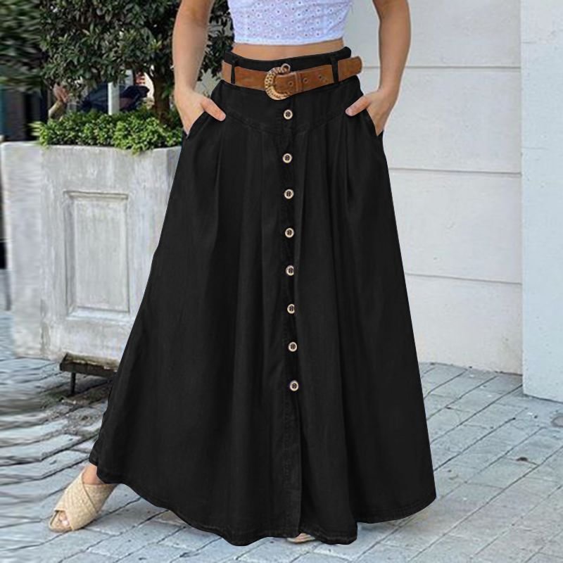 Fashion Button Maxi Skirts 2022 ZANZEA Women Summer Sundress Casual High Waist Long Vestidos Female Solid Robe Femme
