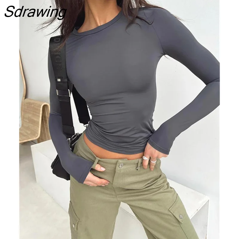 Sdrawing Women's Basic Long Sleeve Crop Top Solid Color Crew Neck Cozy Stretchy Slim Fitted Cropped T Shirts Pullover Streetwear