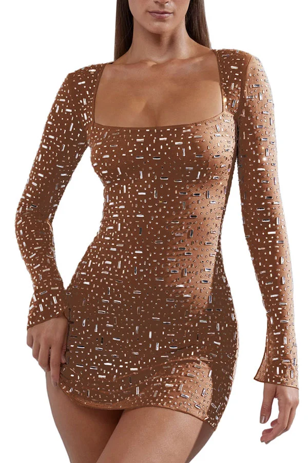 Sequined Semi See Through High Waisted Long Sleeved Mini Dress