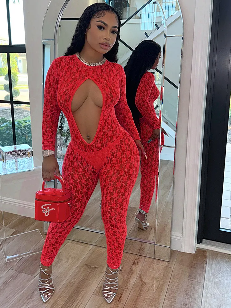 Brownm Brownm Has D24JP319 Fashion New Umbilion Hollow Sexy Hot Lace Perspective Jumpsuit