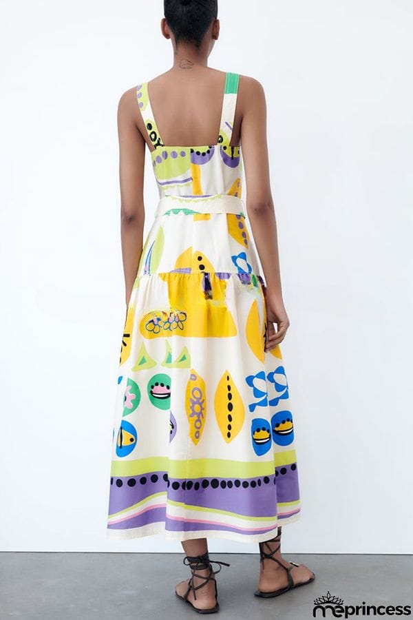 Summer Picnic Unique Print Straight Neck Button Belted Midi Dress