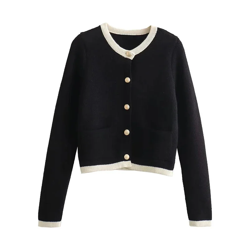 Tlbang New 2024 Women Single Breasted Knit Cardigan Long Sleeve O Neck Female Black Crop Sweater Coat