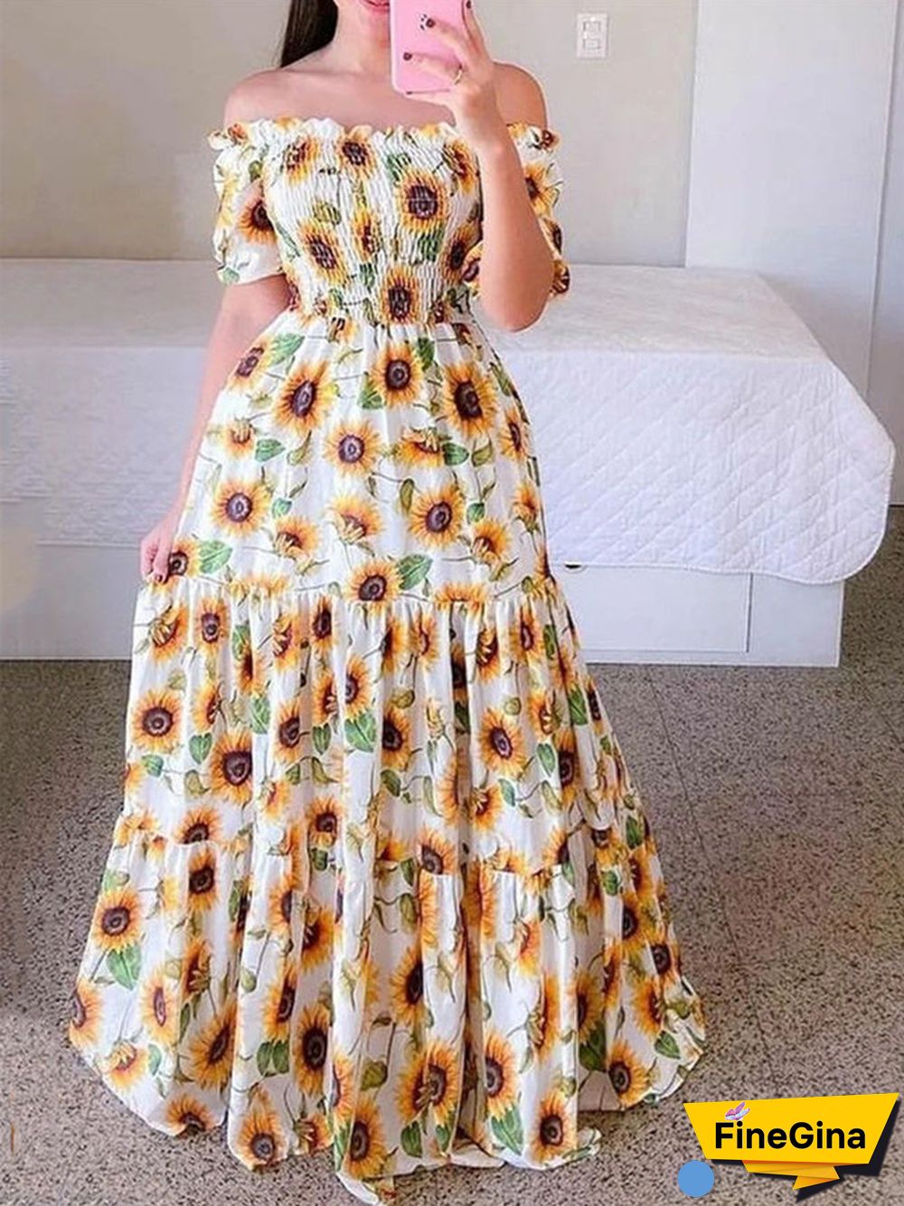 Women Sleeveless Off-shoulder Floral Printed Dress