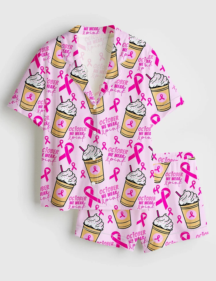Women&rsquo;s Breast Cancer Coffee October We wear Pink Breast Cancer Awareness Pink Ribbon Print Short Sleeve Satin Pajama Set