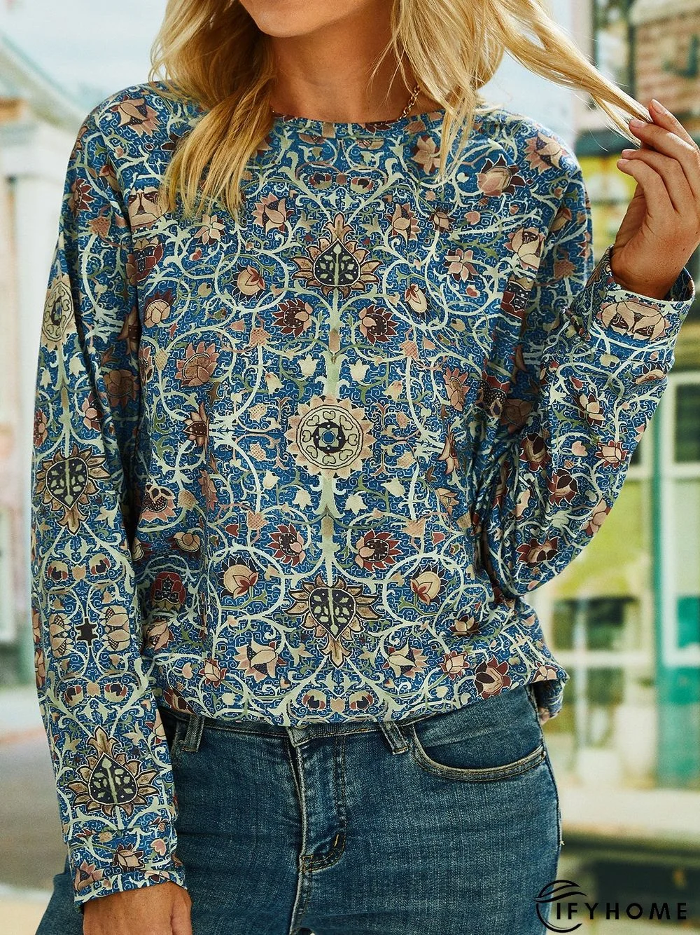 Casual Long Sleeve Crew Neck Ethnic Loose Sweatshirt | IFYHOME