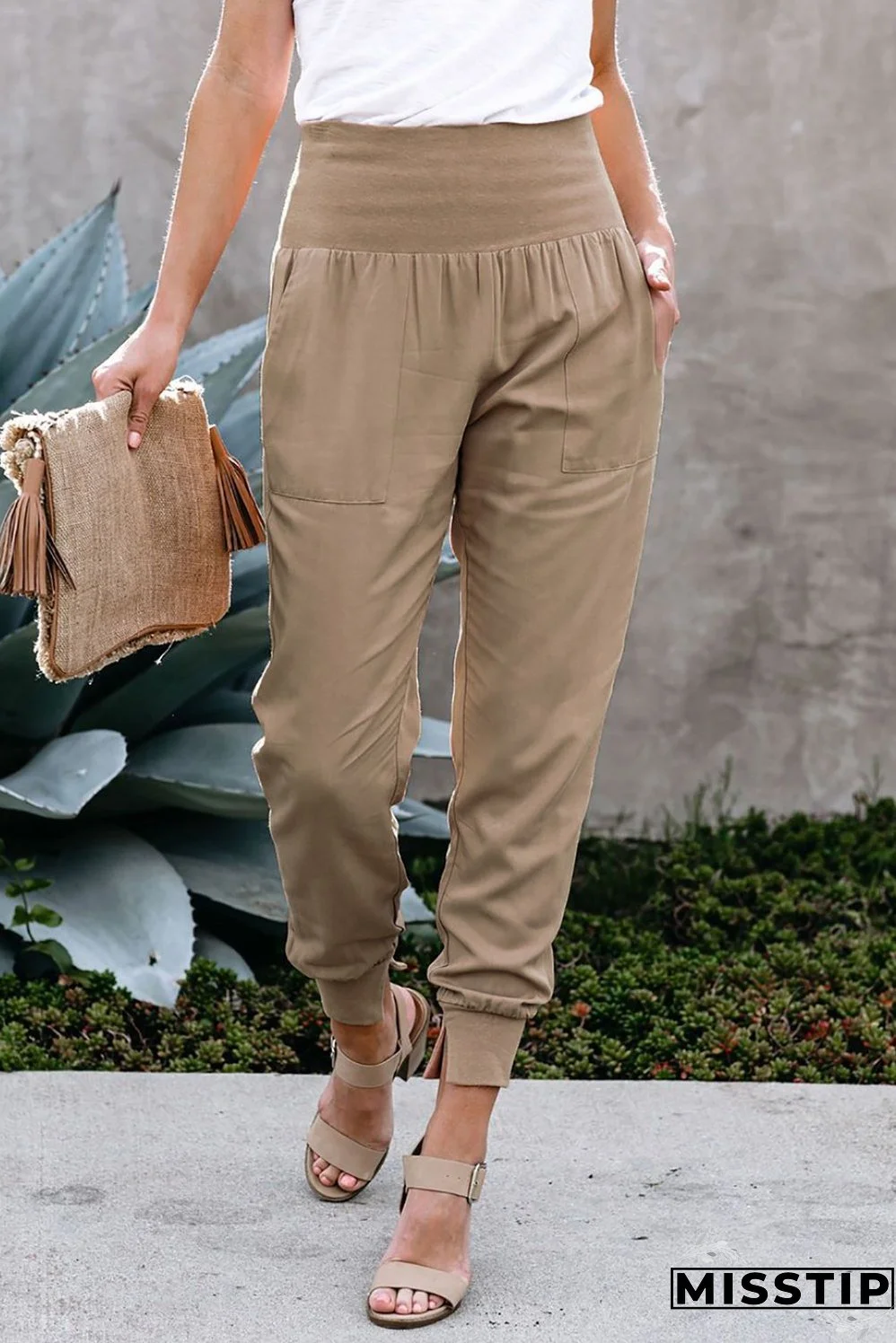 Women's Khaki Wide Waistband Pocketed Joggers